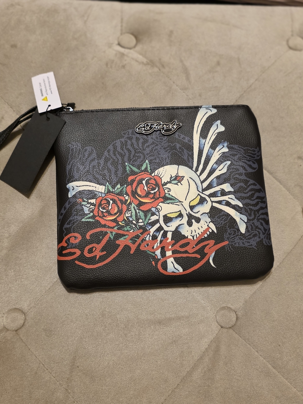 Ed Hardy Black Cosmetic Pouch with Red Roses and Skull Graphic